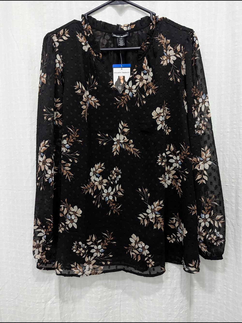 Hilary Radley Black Floral Sheer Long-Sleeve Blouse